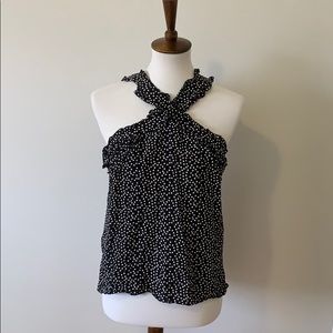 J CREW Black Silk Dot Ruffle Cross Neck Tank